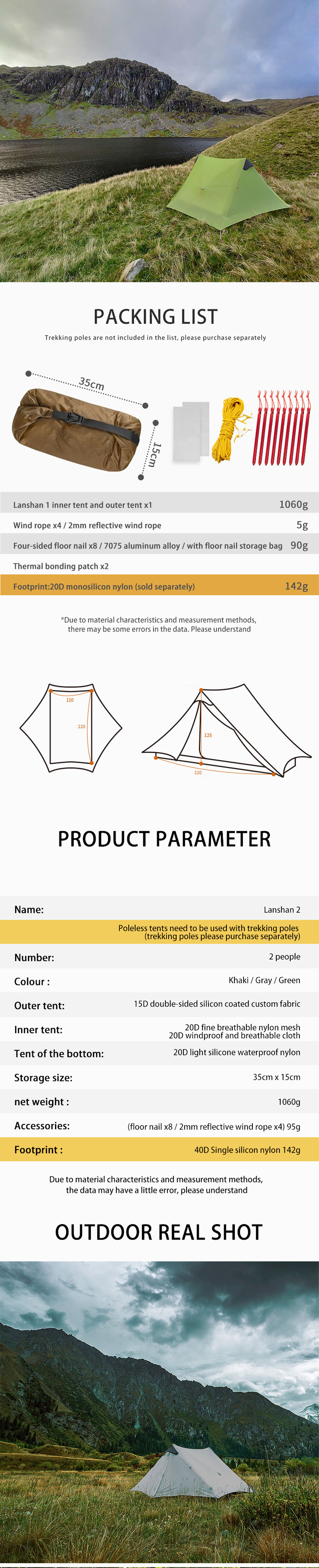 Cheap Goat Tents 3F UL GEAR LanShan2 2 Person Outdoor Ultralight Camping Tent 3 Season 4 Season Professional Waterproof 15D Silnylon Rodless Tent   